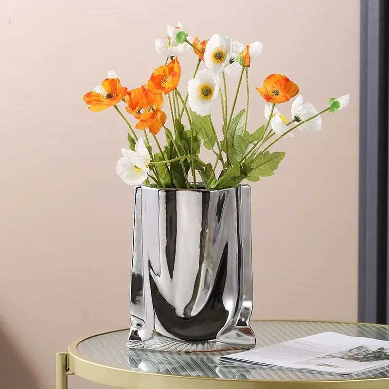 Silver Ruffled Flower Vase Ceramic Porcelain Flower Arrangement Decoration Bag Shape Terrarium Home Decorate Vases Flowerpots Y260314