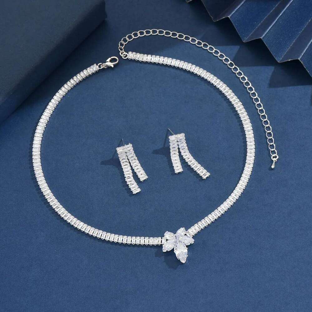 "Cubic Zirconia Choker Necklace Set Tassel Earrings Luxury Crystal Party Bridal Jewelry" Z260313