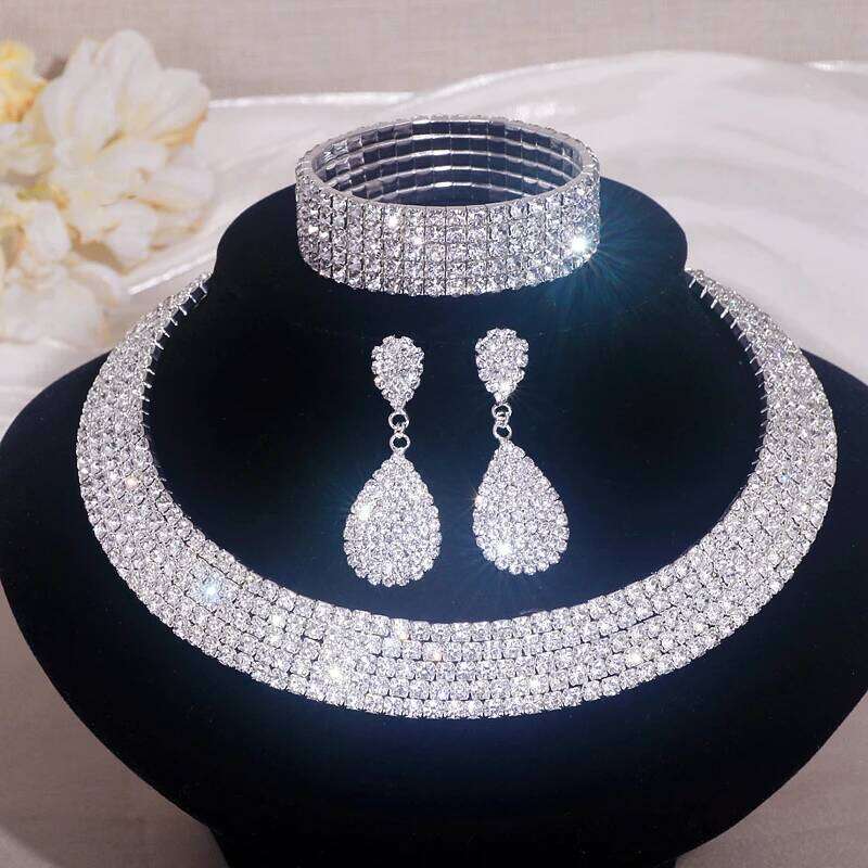 Luxury Round Rhinestone for Women Classic Silver Color Necklace Bracelet Earring Set Bridal Wedding Jewelry Z260313