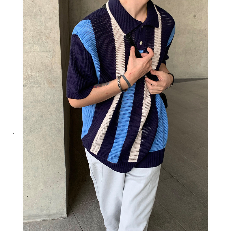 Colorblocked Knitted Polo Shirt Korean Style New Model With Designer T-shirt A Collar Polo Designer Hoodie Short Sleeves Breathable Hollowedout Vertical Stripes