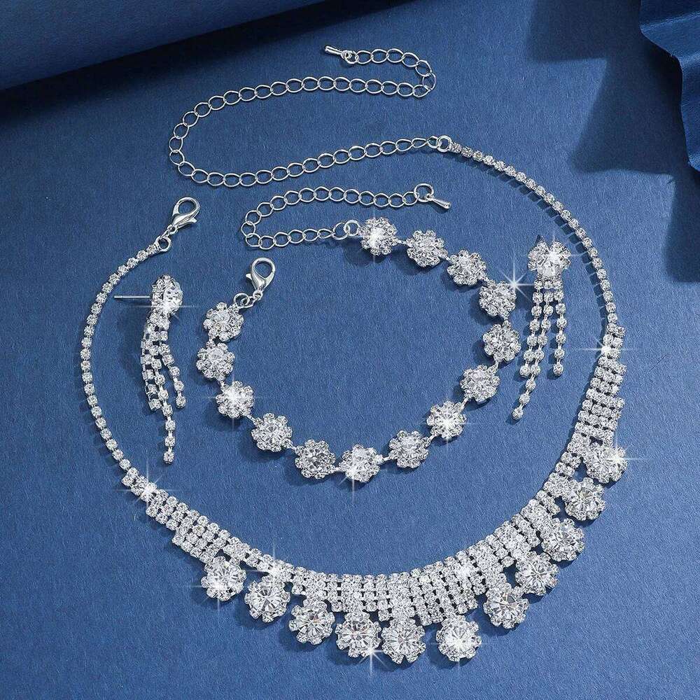 European and American diamond studded super sparkling necklace earrings bracelet fashionable high-end women's set Z260313