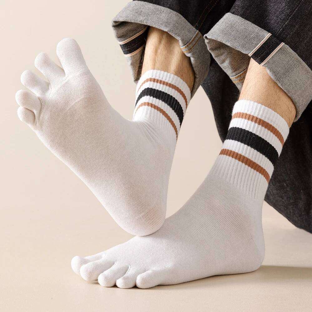 5 Pairs Men Toe with Separate Fingers Mid Tube Five Finger Striped Cotton Sports Socks Summer High Quality Z260314