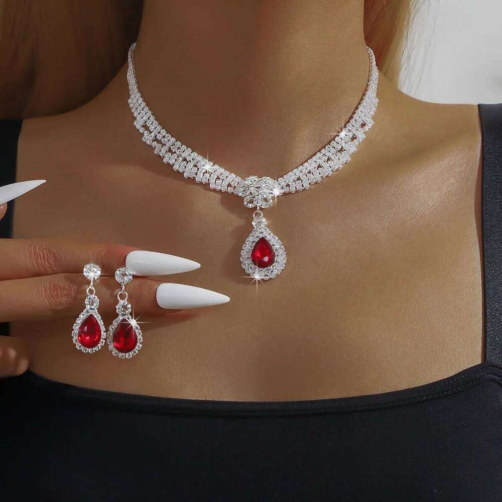 Diamond studded sparkling water droplet earrings necklace, light luxury and high-end temperament, collarbone chain set Z260313