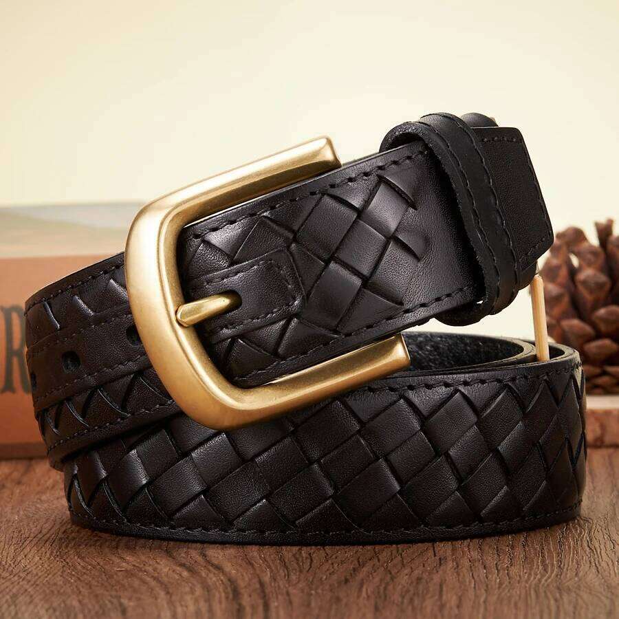 3.8cm Copper Buckle Cowskin Real Genuine Leather Belts For Men Luxury Woven Cowboy Braided Male Strap for Jeans Z260226
