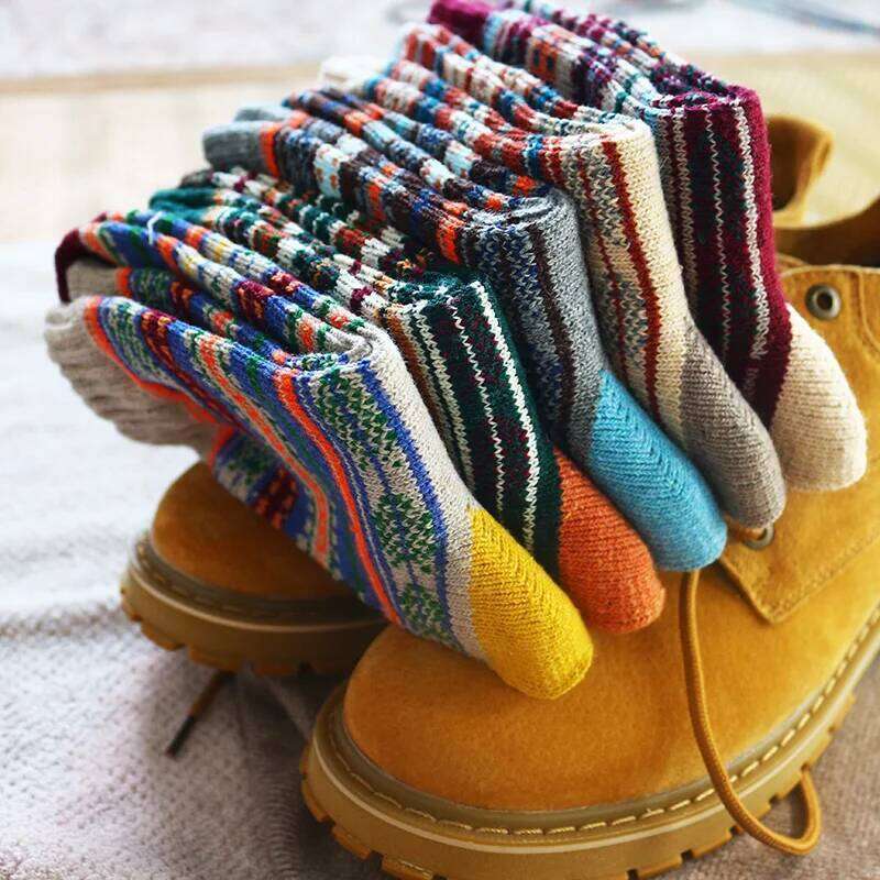 Winter New Men's Thick Warmth Harajuku Retro High Quality sStriped Fashion Wool Casual Socks 5 Pair Z260314