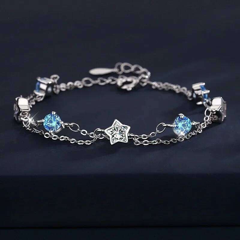 925 Sterling Silver Blue White Crystal For Women Luxury Sparkling Double Layer Star Bracelets Elegant Jewelry Z260313