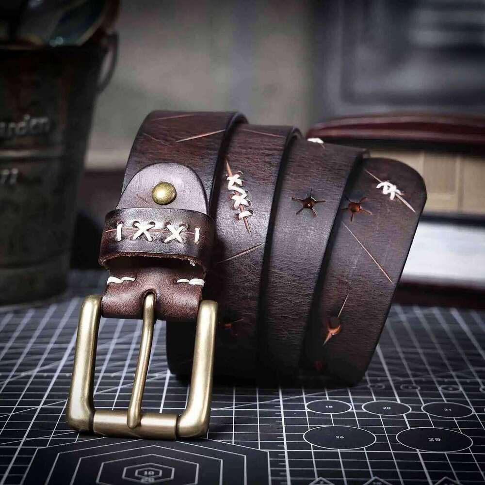 Vintage Genuine Leather Men's Belt Solid Brass Buckle, Handmade Casual Pin Buckle Thickened Italian Cowhide With Gift Box Z260226