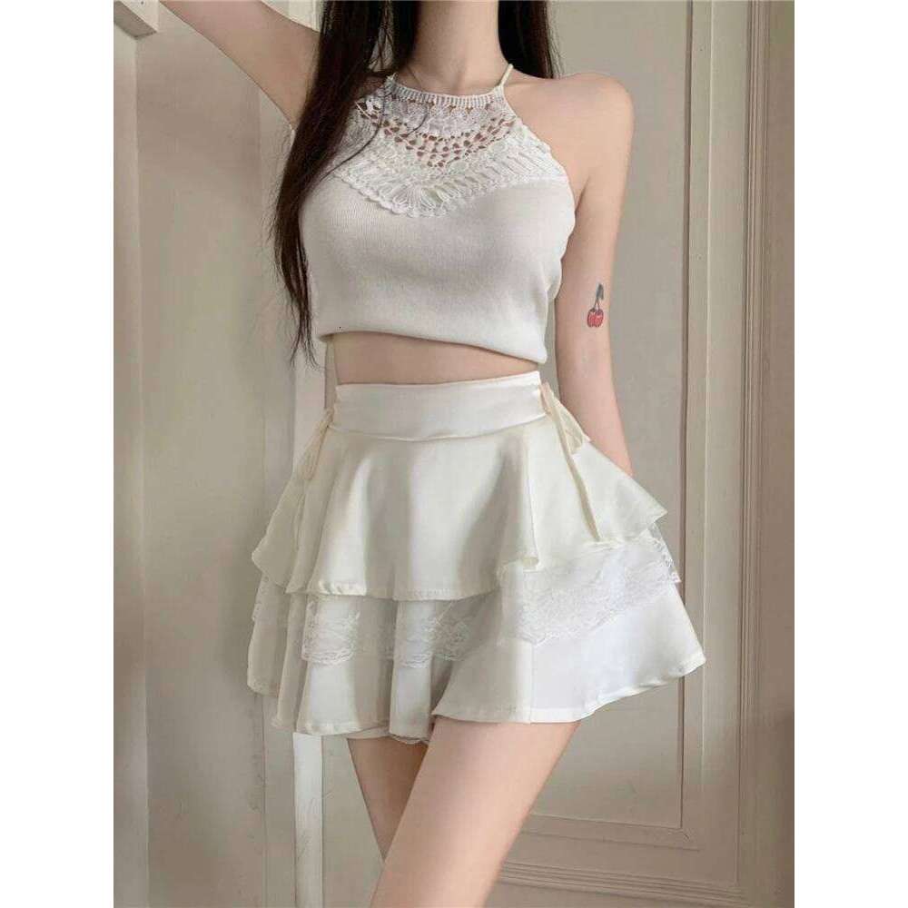 White Mini Skirts Women Lace Patchwork Sweet Ball Gown Sexy French Style Ruched Ruffled High Waist Summer Layered Romantic Gril Z260314