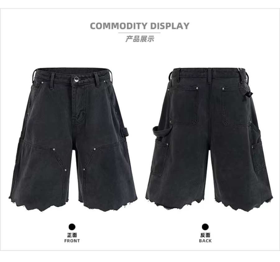 MIJKO Unisex Work Shorts Spring Summer Rivet Pocket Logger Cat Whisker Fuzzy Edge Cuff Trendy for Men And Women TJ174