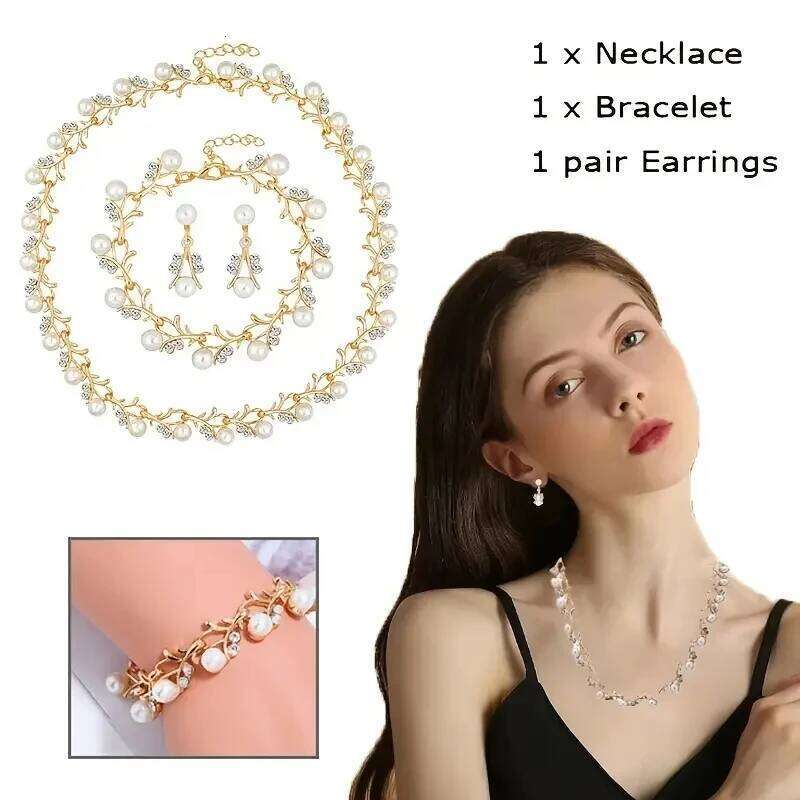 4 Pcs/set Fashion Retro Women's Jewelry Set Rhinestone Artificial Pearl Party Bride Wedding Necklace Bracelet Earrings Z260313