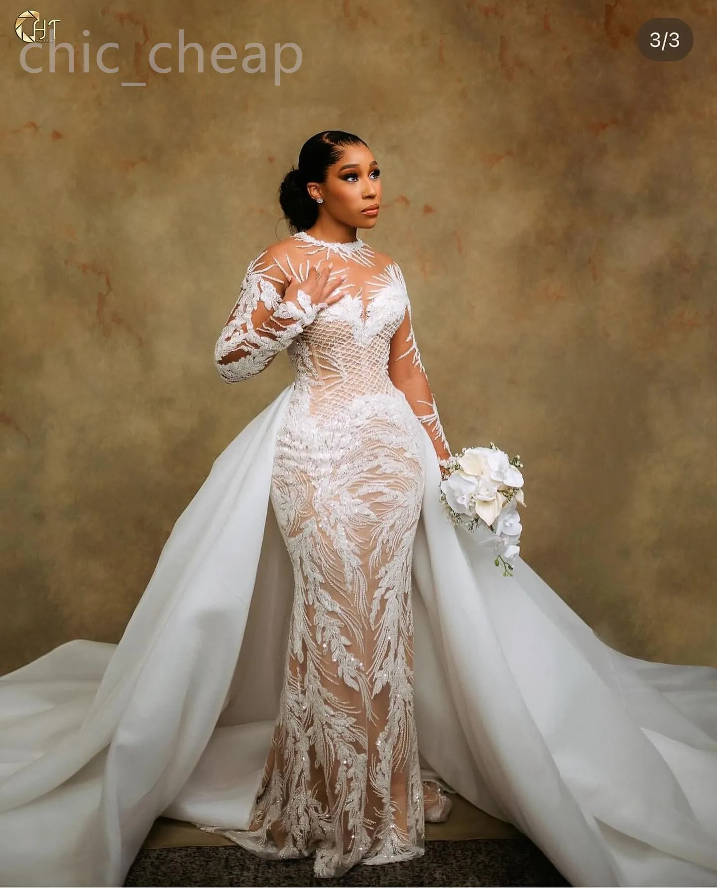2025 Arabic Aso Ebi Plus Size Ivory Mermaid Wedding Dresses Illusion Sheer Neck Full Sleeves Without The Detachable Train Elegant Bridal Gowns Dress ZJ202