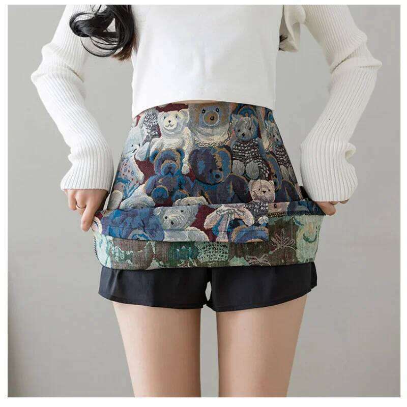 New Vintage Bear Print Skirt Women Fashion Japanese High Waist Slit Mini Skirts Female 2025 Summer Z260314