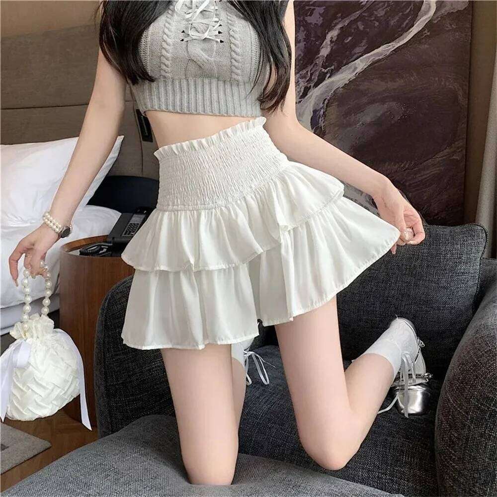 Spring Cake Pleated Skirts for Women White new Short Summer Korean Ruffled Elastic Waist Anti Glare A-line Mini Skirt Z260314