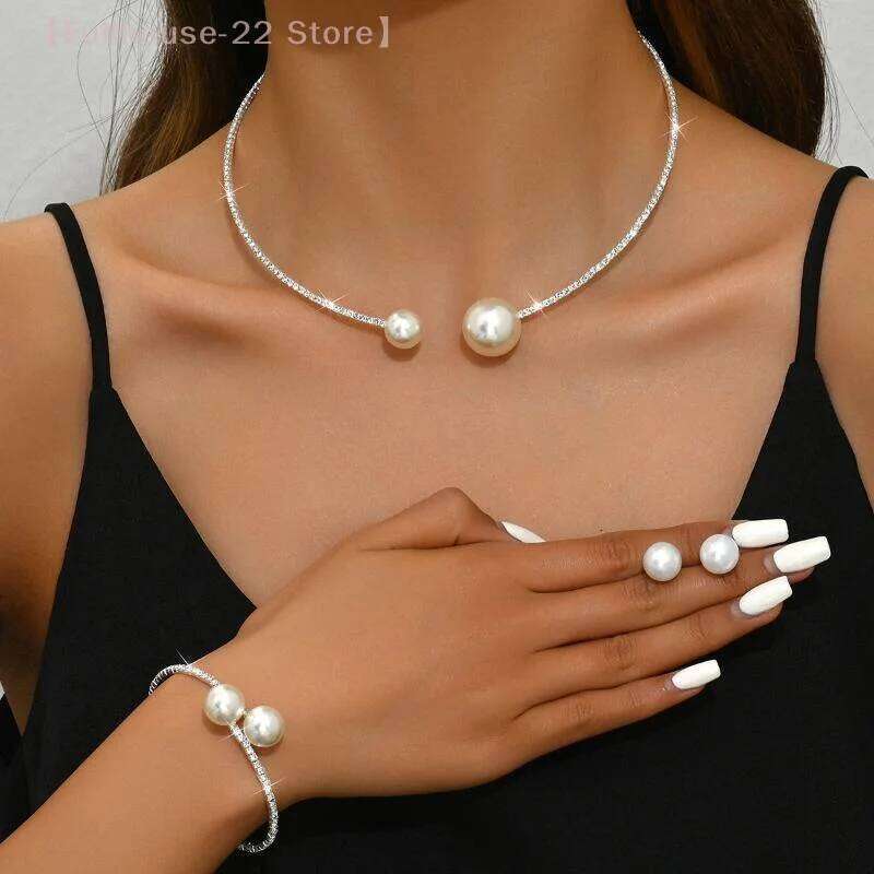 MAX-221 Set Classic Wedding Party Jewelry Sets For Women Pearl Rhinestones Necklace Bracelet Accessories Gift Z260313