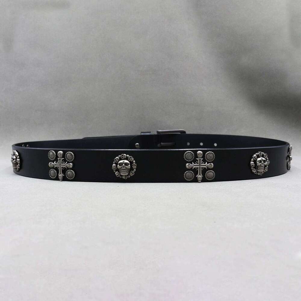 Skull Flower Rivet Metal Pyramid Genuine Leather for Men and Women Hardware Jeans Belt Female Belts Z260226