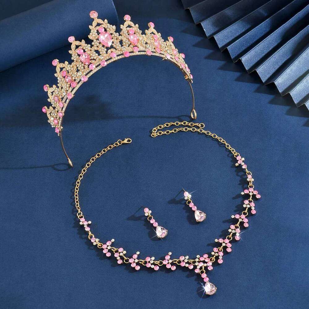 Ladies' Fashion Waterdrop Geometric Round Elegant Crown Necklace Earrings Jewelry Set Z260313