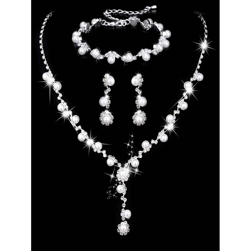 4 pcs bridal jewelry set, rhinestone pearl necklace, earrings, bracelets, dinner dress accessories Z260313