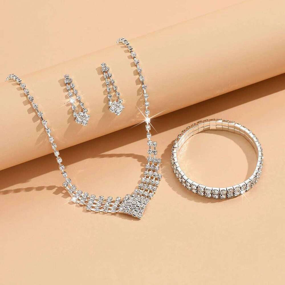 Ladies' jewelry set with geometric square minimalist rhinestone necklace, earrings, bracelets, wedding accessories Z260313