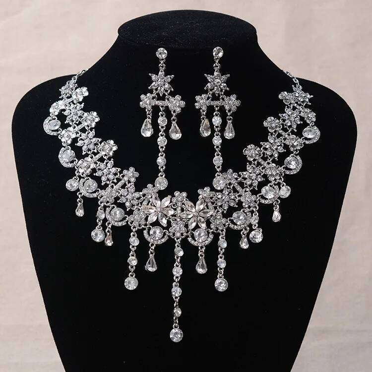 Luxury Silver Color Crystal Flowers Bridal Jewelry Set For Women Statement Necklace Earring Rhinestone Tiara Wedding Accessories Z260313