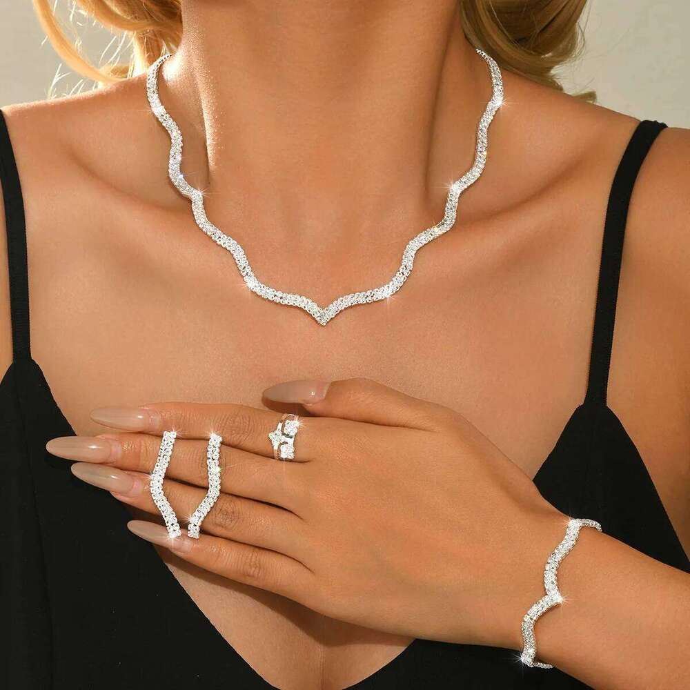 Bling Scallop Edge Jewelry Set Women's Rhinestone Necklace Earrings Bracelet Ring 4Pcs Party Formal Statement Accessories Z260313