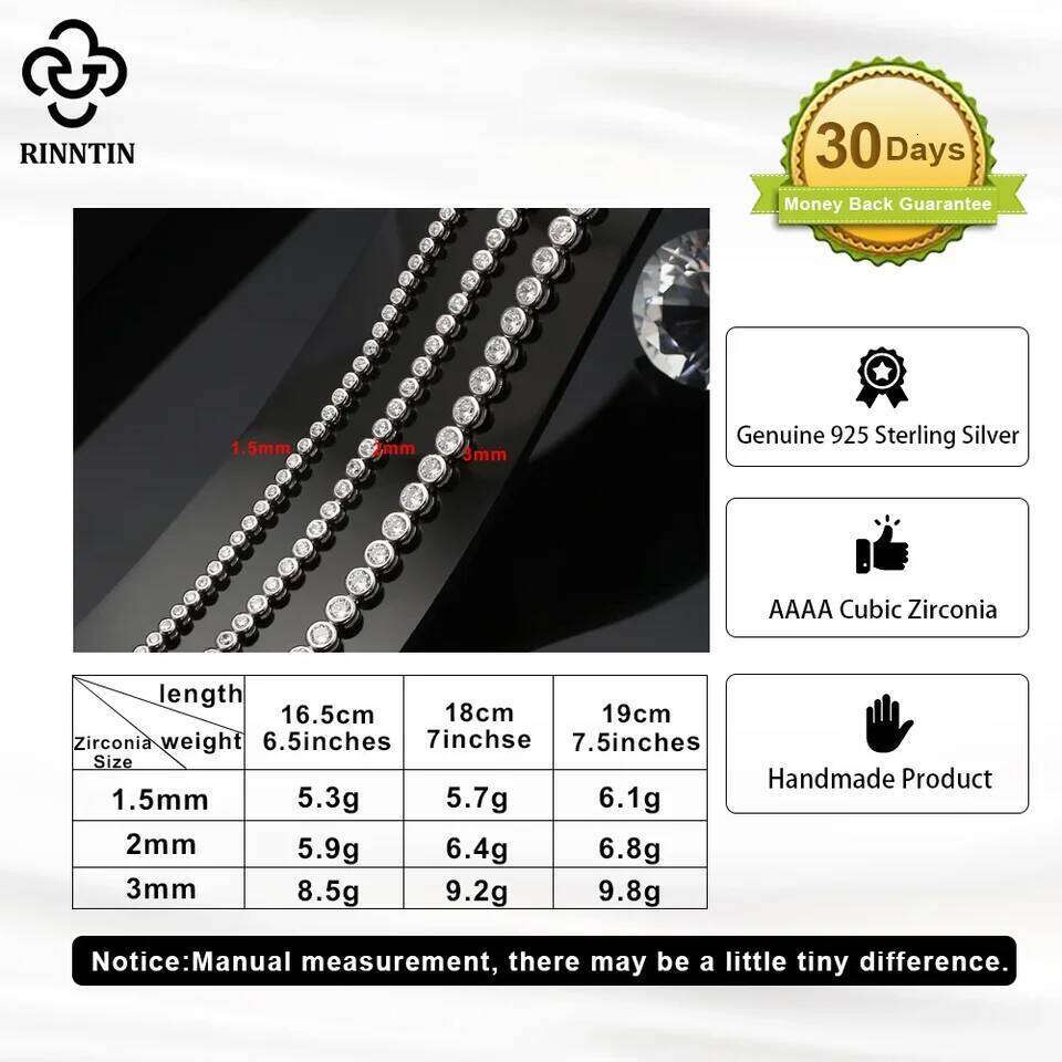 Rinntin Shiny Tennis 925 Sterling Silver 1.5/2/3mm Clear Cubic Zirconia for Women Luxury Chain Bracelet Jewelry SB143 Z260313