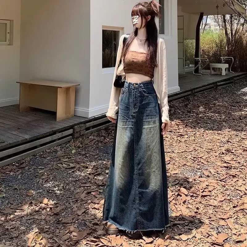 2024 Summer New A- line Denim Skirt High-waisted Vintage Design Sensibility Womens Long Dress Fringe Bagging Style M260314