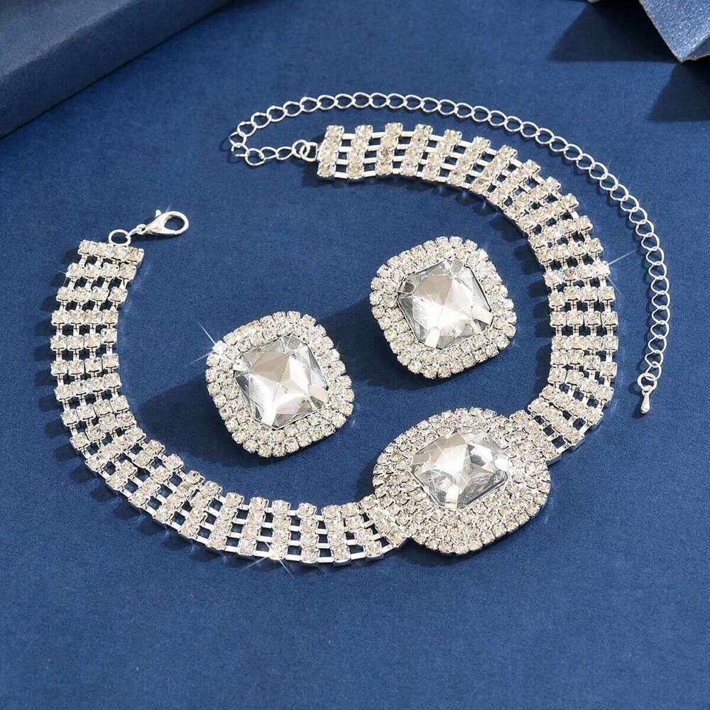 Luxury Crystal Choker Earrings Set Women - Sparkling Square Gem Statement Jewelry for Evening Party Wedding Z260313