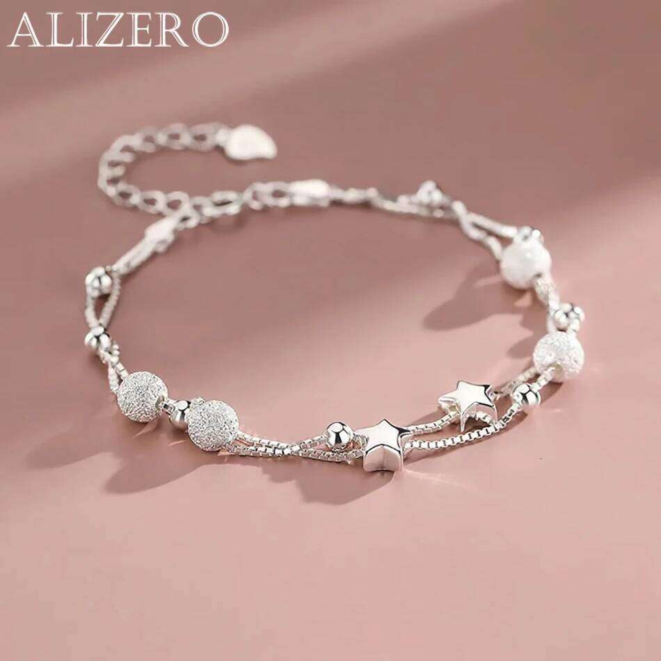 925 Sterling Silver Double-Layer Star Charm Bracelet Elegant Sexy Shiny Bead Embellishment for Valentine's Day & All Seasons Z260313
