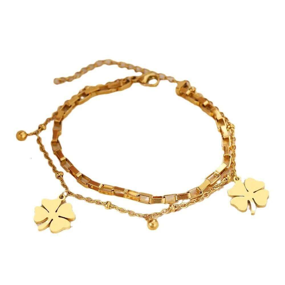Charm Four Leaf Lucky Flower Double Layer Bracelet for Women Luxury Gold Color Stainless Steel Bangle Jewelry Gift Colorfast Z260313