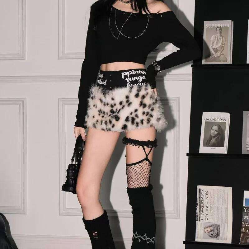 Leopard Print Retro Harajuku Plush Autumn Winter Hip-hop Splicing Short Skirt American High Street Clothing Women Z260314