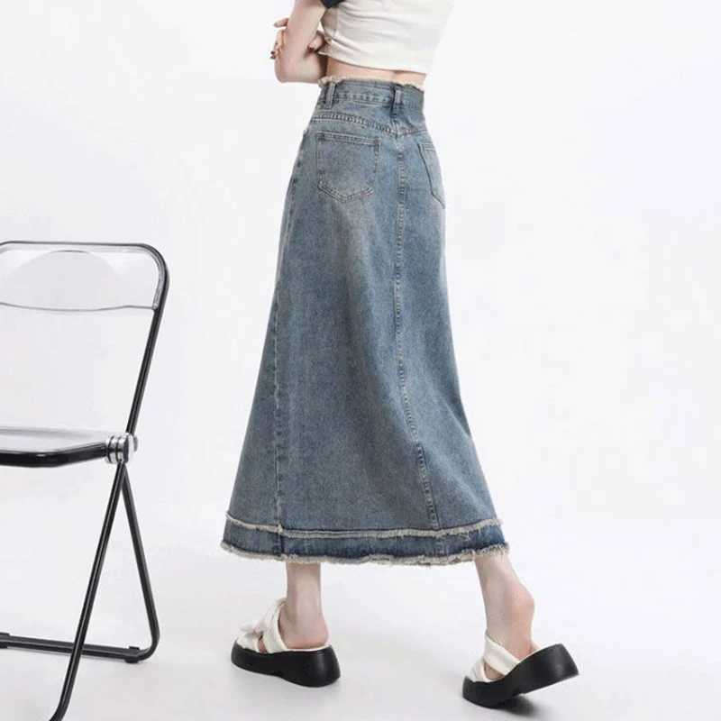 Summer Female Chic Raw Edge Thin Jeans Skirt Lady Retro Blue Mid-Long Dress Women Trendy Solid High Waist Denim Skirt M260314