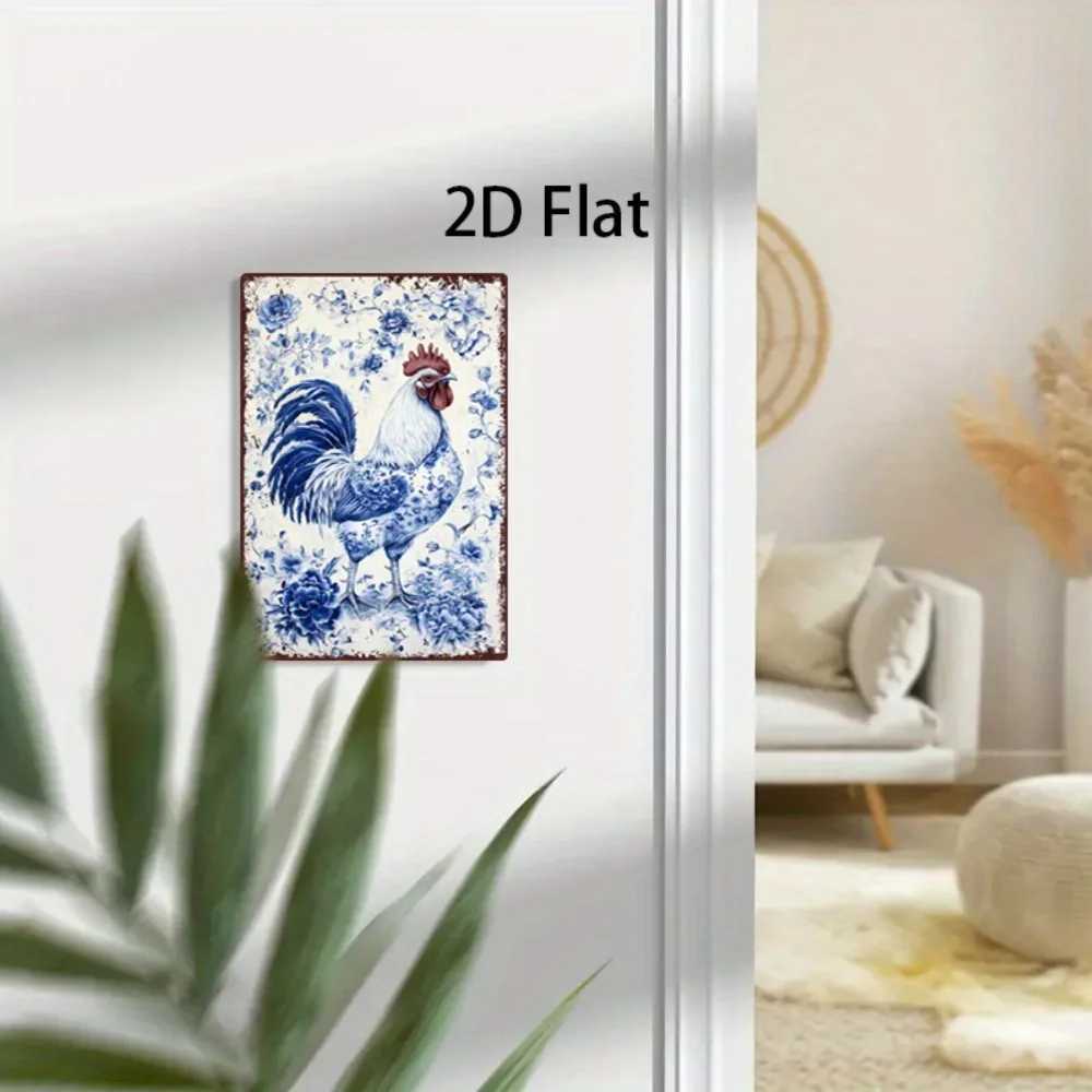 Vintage Rooster Floral Metal Sign 8x12 Inch Blue White Red Rustic Wall Art for Cafe Beach House D260314