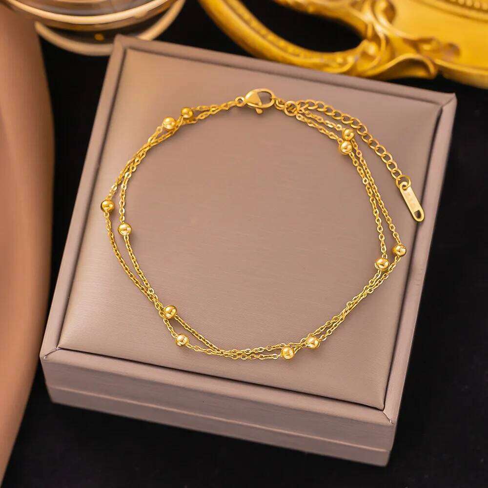 New Temperament Trendy Gold Color Stainless Steel Double Layer Round Bead Bracelet for Women Classic No Fading Bangle Jewelry Z260313