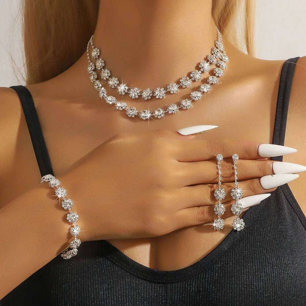 Shiny Flower Crystal Jewelry Set 4Pcs Necklace+Bracelet+Earrings Silver Plated Choker for Women Party Wedding Evening Fashion Z260313