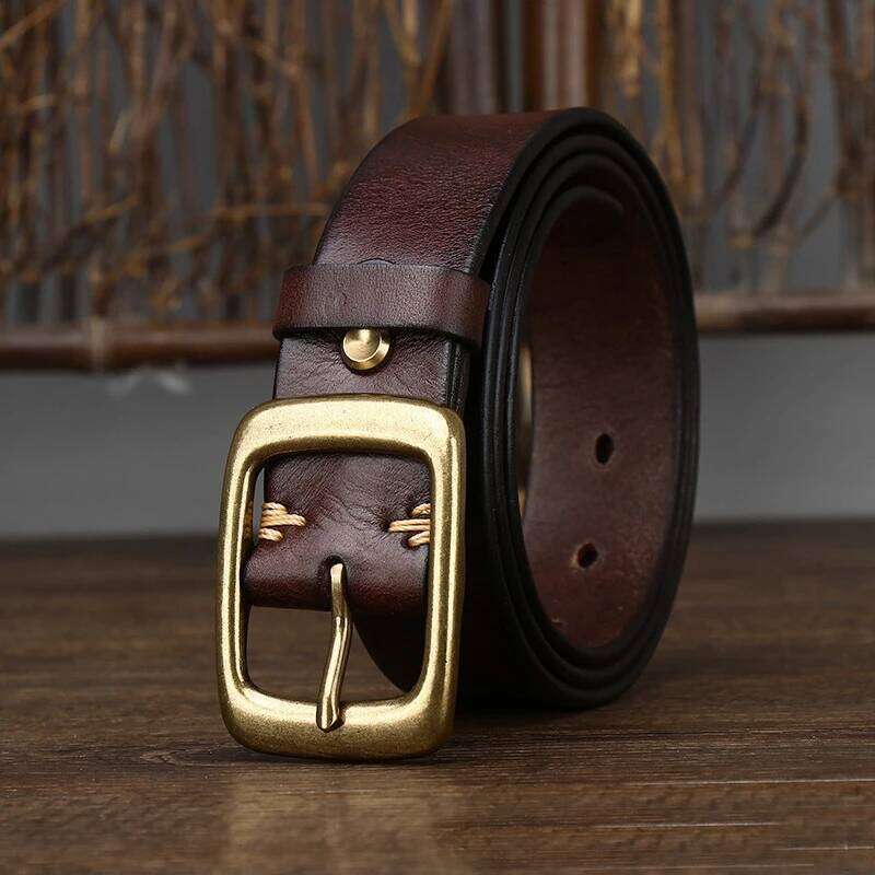 3.3Cm Width Copper Buckle Cowskin Leather Retro Handmade Male Luxury For Jeans Wide Belt Men's Gift Z260226