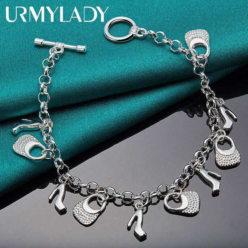 URMYLADY 925 Sterling Silver handbag High Heels Pendant Bracelets For Women Wedding Party Fashion Jewelry Z260313