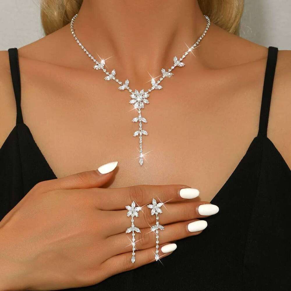 New Flower Leaf Rhinestone Jewelry Set for Women Copper Base Shiny Tassel Earrings + Y-Necklace Bridal Party Evening Prom A Z260313