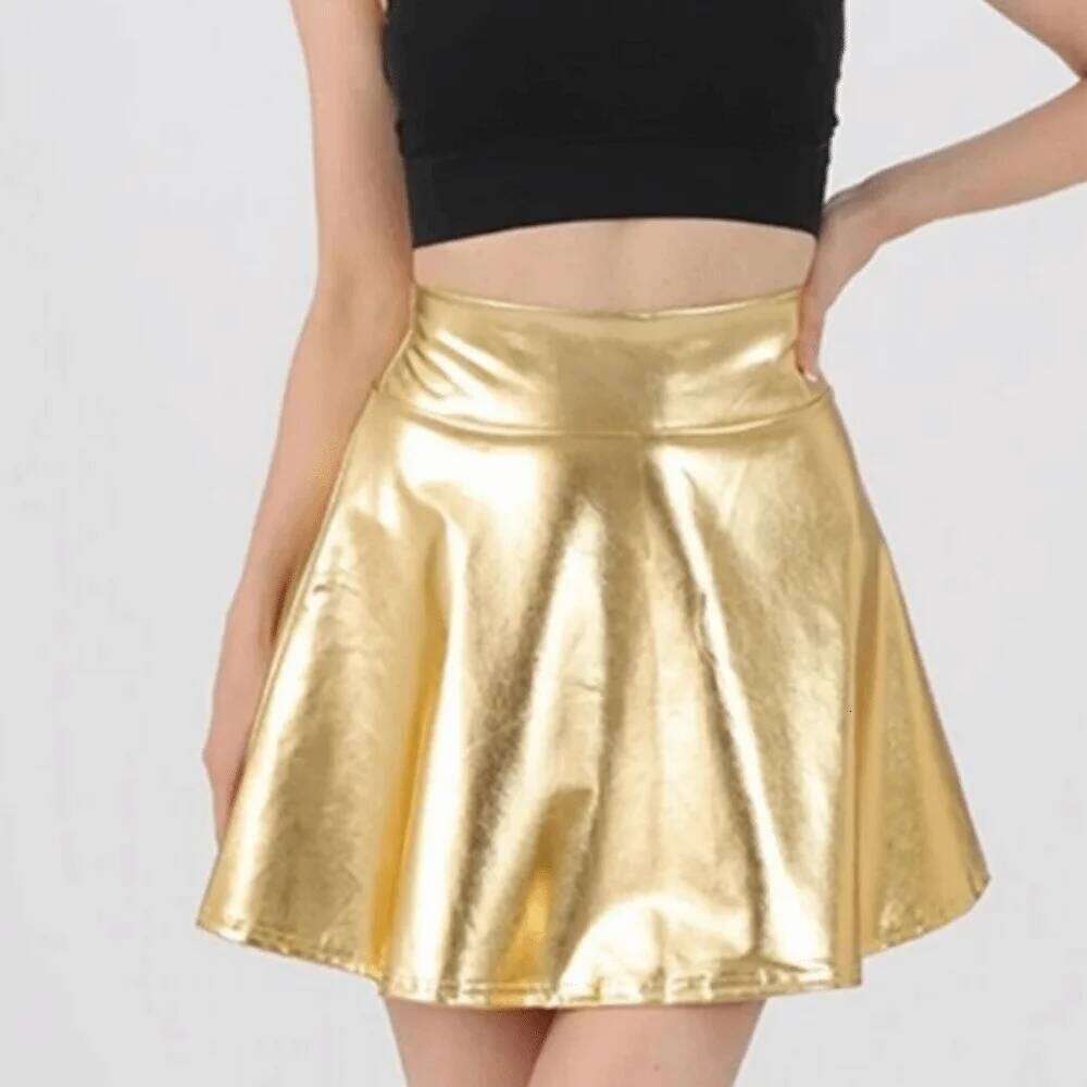 Elegant Metallic Pleated Gold Silver Flared Design A-line Solid Color Retro Girls Short Mini Skirt Clubwear Z260314