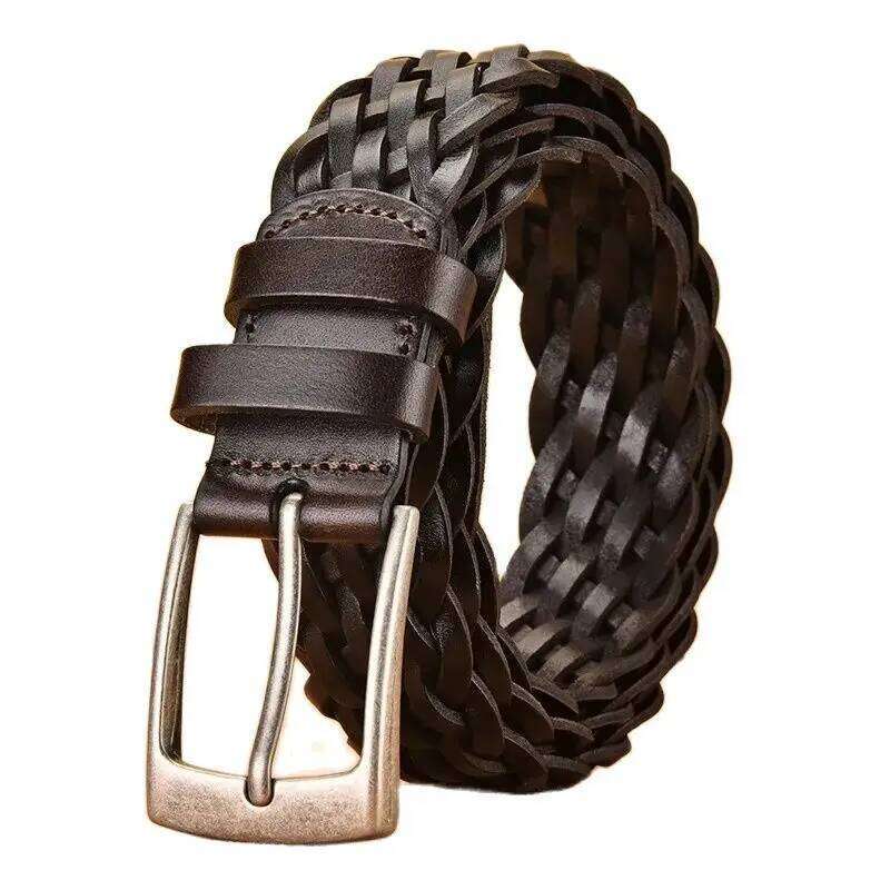 3.4cm Width Brown Real Cowhide Braided Belt Casual Needle Buckle Head Layer Hollow Hand Woven Fashionable Personalized Trouser Z260226
