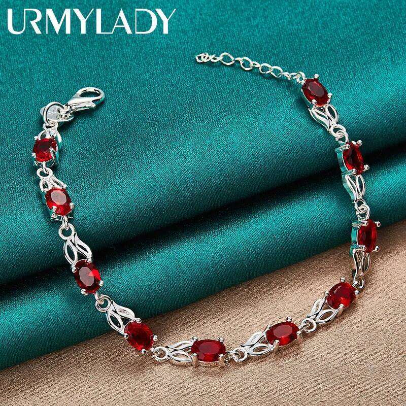 URMYLADY 925 Sterling Silver Charm Red AAA Zircon Chain Bracelet For Women Wedding Engagement Celebration Party Fashion Jewelry Z260313