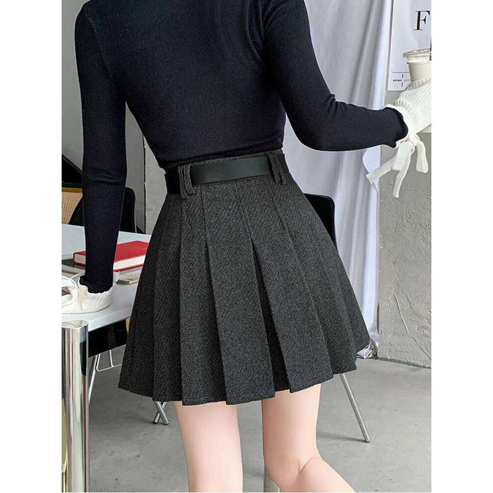 Vintage Winter Pleated Mini Women Streetwear High Waist Woolen Cute Skater Skirts With Shorts Belt Grey Black Skirt Woman Z260314