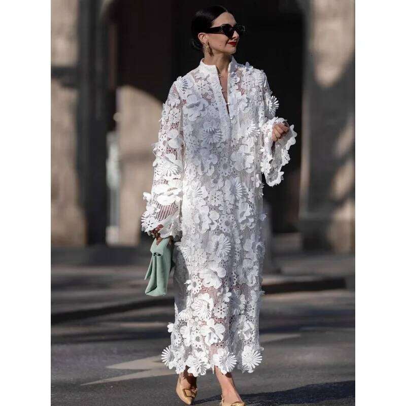 Sexy Women Hollow Out Loose Shirt Elegant Y K D Floral Long Sleeve Single Breasted Embroidery Vacation A Line Dress MAKOUFEI