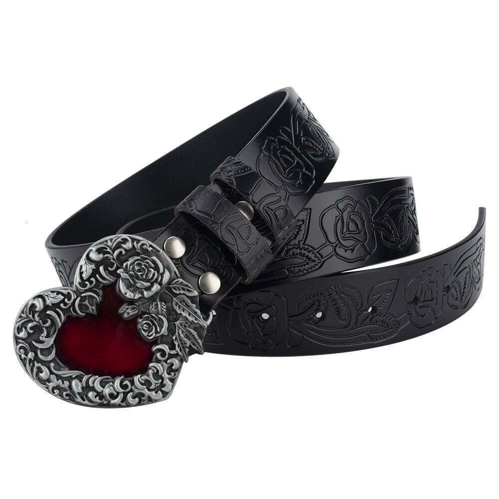 Embossed Leather Belt Flower Pattern for Women Red Heart Rose Fashion Z260226