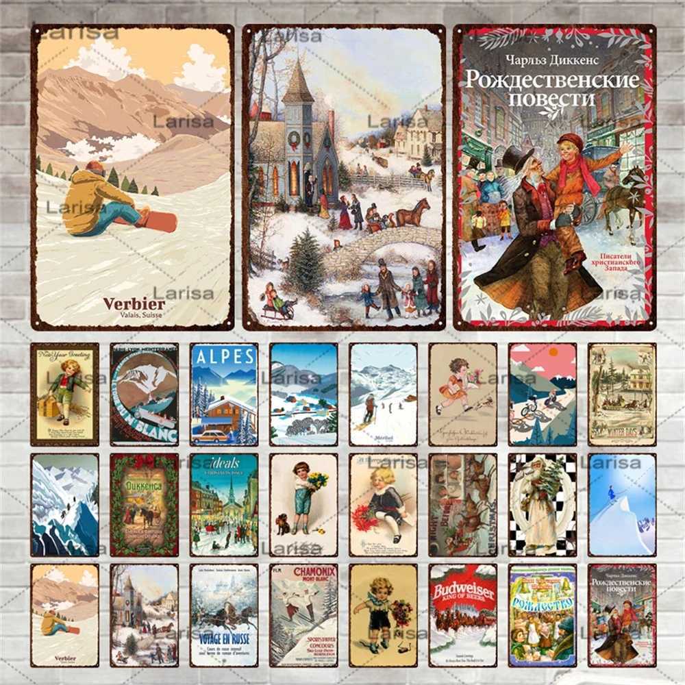 Retro Ski Resort Metal Sign Skiing Travel City Tin Sign Winter Landscape Snow Mountain Plaque Home Bar Club Wall Decor D260314