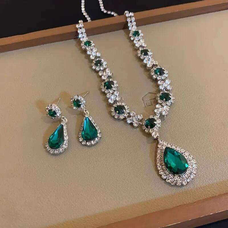3pcs Set Water Drop Flower Emerald Color Necklaces for Women Fringe Dangle Earrings Fashion Jewelry Sets Z260313