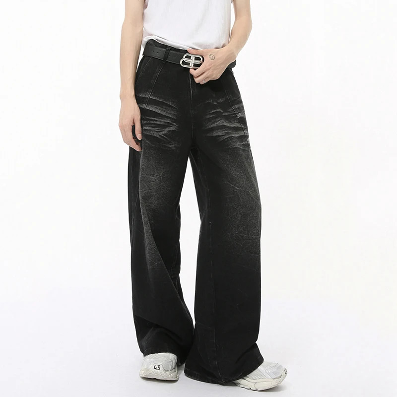 IEFB High Street Mens Jeans Casual Washed Whiskers Solid Color Loose Trendy Straight Wide Leg Male Denim Pants Autumn 9C7862 260311