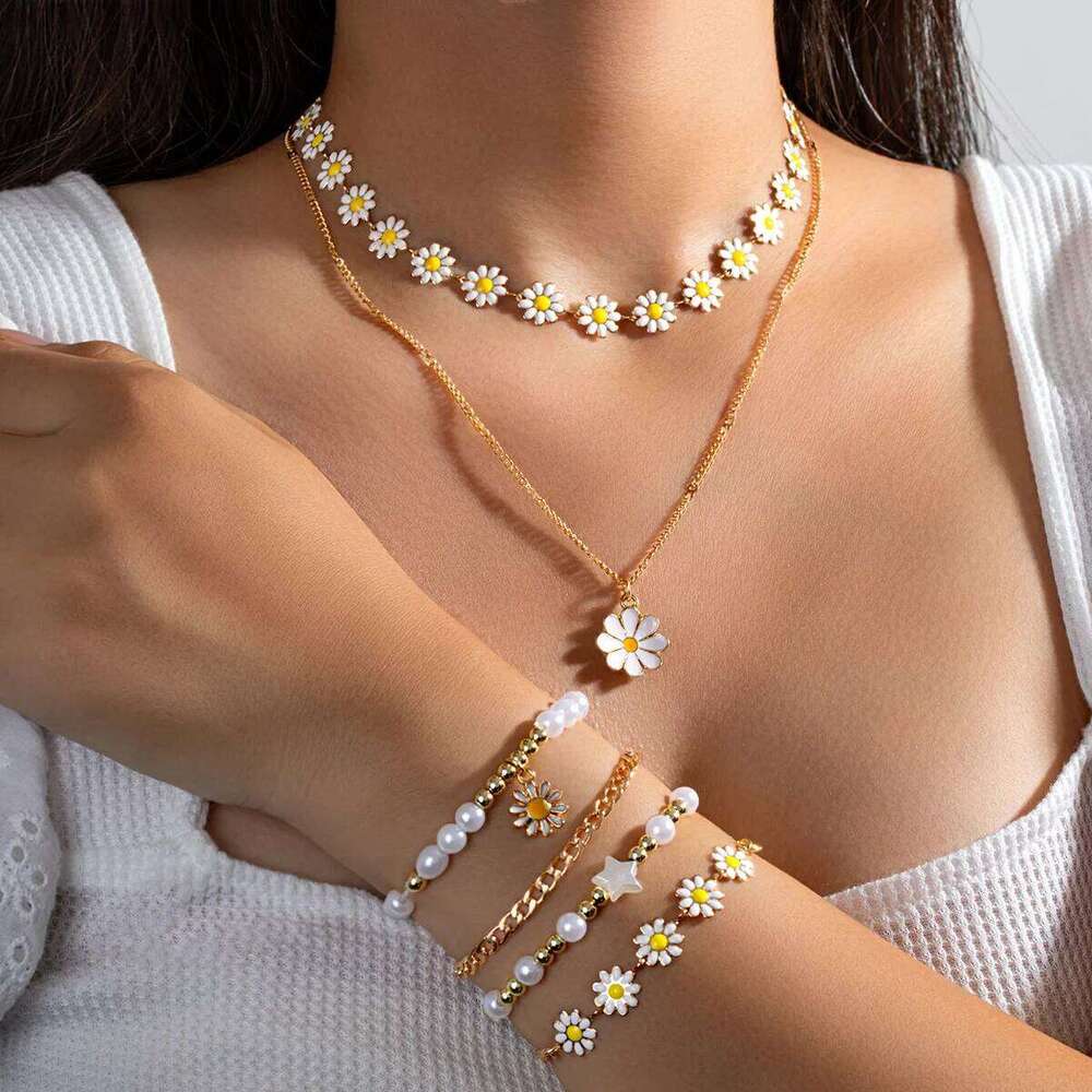 2-piece necklace+4-piece oil dripping daisy necklace imitation pearl chain bracelet versatile women's jewelry set Z260313
