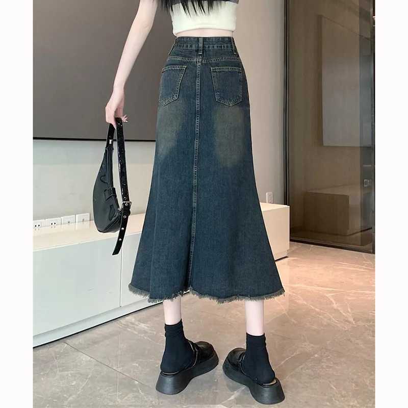 Summer Women High Waist Slim Fit Jeans Skirts s Classic Thin Mid-Long Skirts Lady Chic Korean Raw Edge Denim Dress M260314