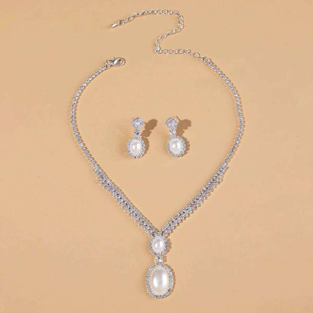 3PC imitation pearl inlaid rhinestone women's earrings necklace geometric design sense wedding party holiday gift Z260313