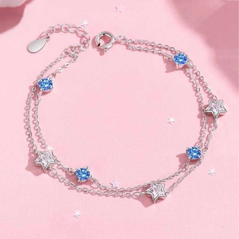 Fine 925 Sterling Silver Sparking Star For Women Girls Vintage Korean Blue White Crystal Bracelets Party Jewelry Gifts Z260313